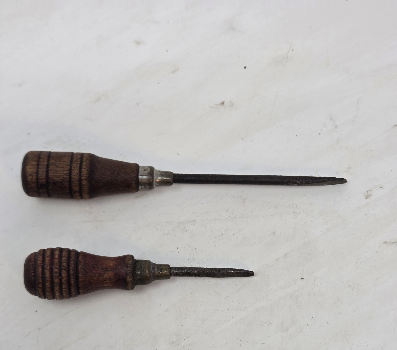 Vintage Flat Blade Screwdriver Pair Turned Wood Handles Brass Nickel Ferrule