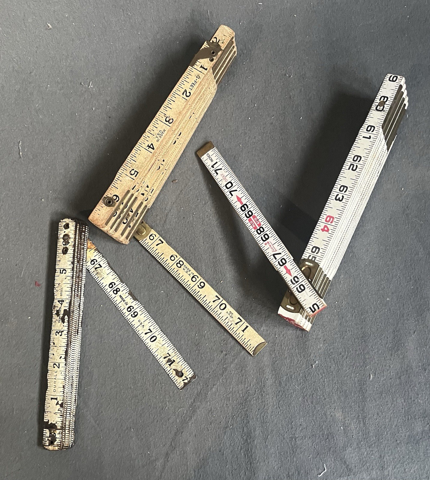 Vintage Mix Lot of 3 Folding Rulers 73 Inches (6 Feet) Metal & Wood