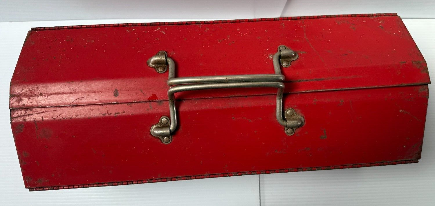 Vintage red metal Tool Box, 2 Hinged Flap fold out top 21″x 8.5″ x 8.5″