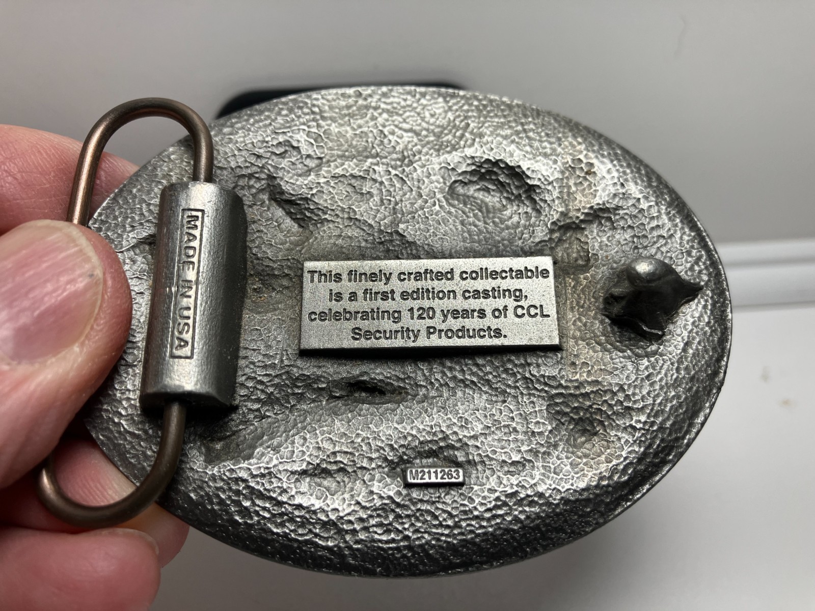 CCL SECURITY PRODUCTS 120TH ANNIVERSARY 1882-2002 PEWTER BELT BUCKLE