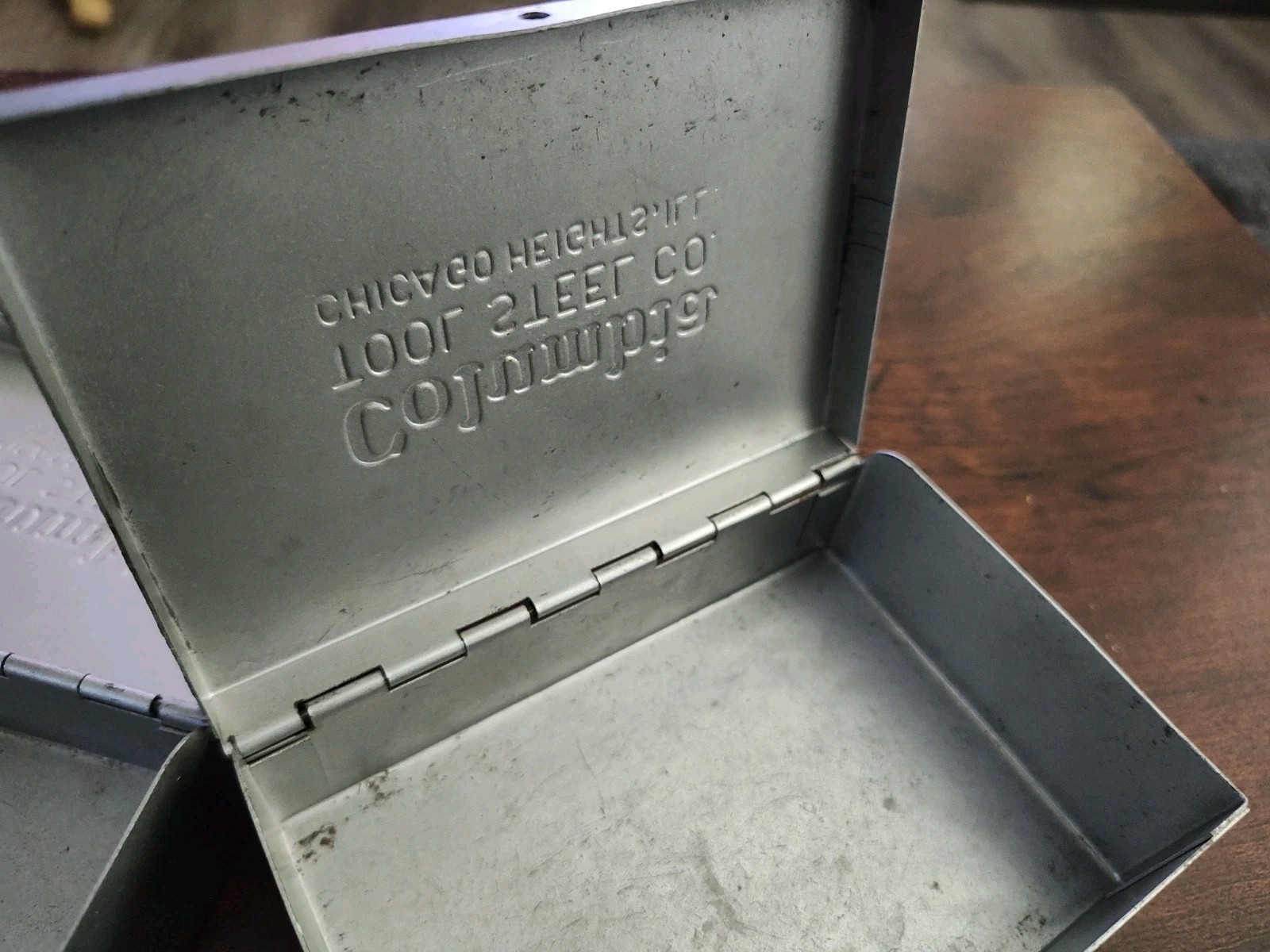 Two 1940-1950 Columbia Tool Steel Co Metal Maxite Bit Box 5×3.5×2 Snap Hinge Lid