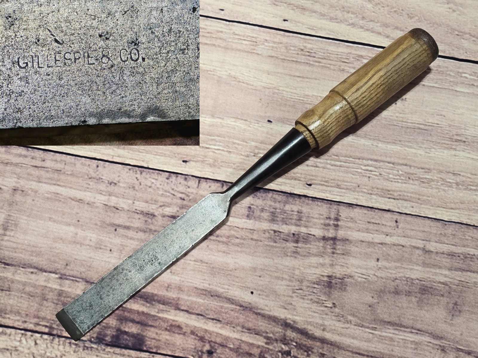 #84 Vintage Gillespie & Co. 1” Straight Edge Wood Socket Chisel Tool CLEAN