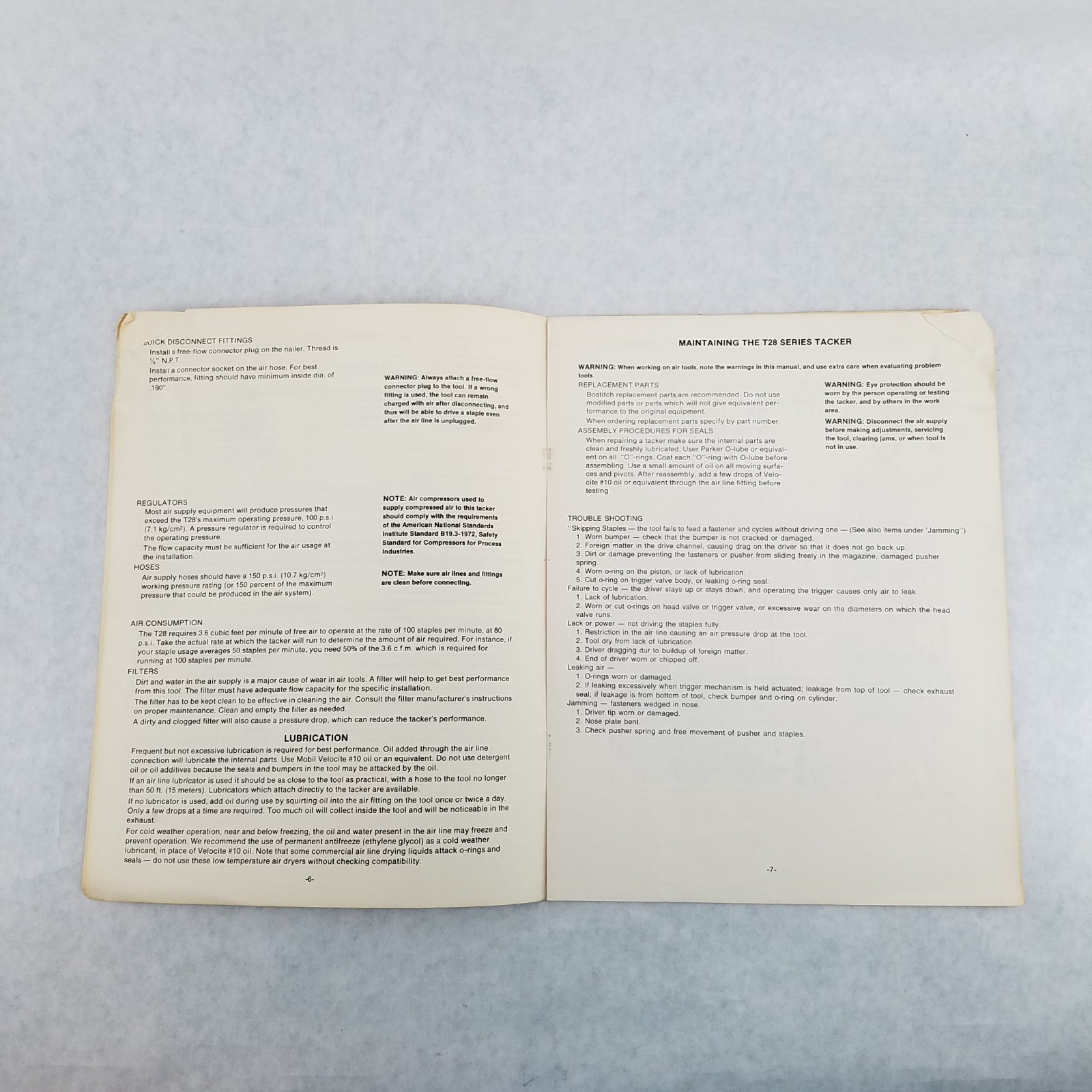 Vintage Bostitch Textron Model T28 Pneumatic Tacker O&M Manual – #BSA 1411 4/84