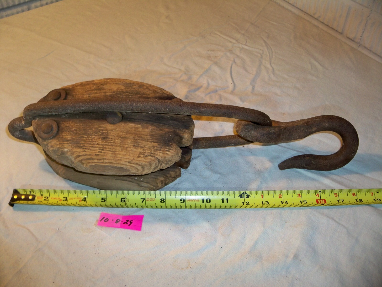 Vintage Wood Pulley Block and Tackle Anvil Mark 19 Inches NICE