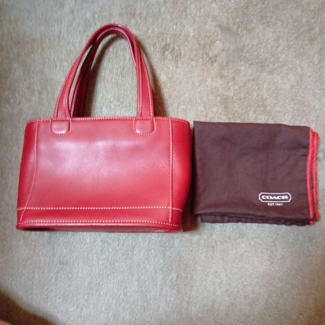 COACH Handbag Compact Leather Red White Stitching Used with Dust Bag