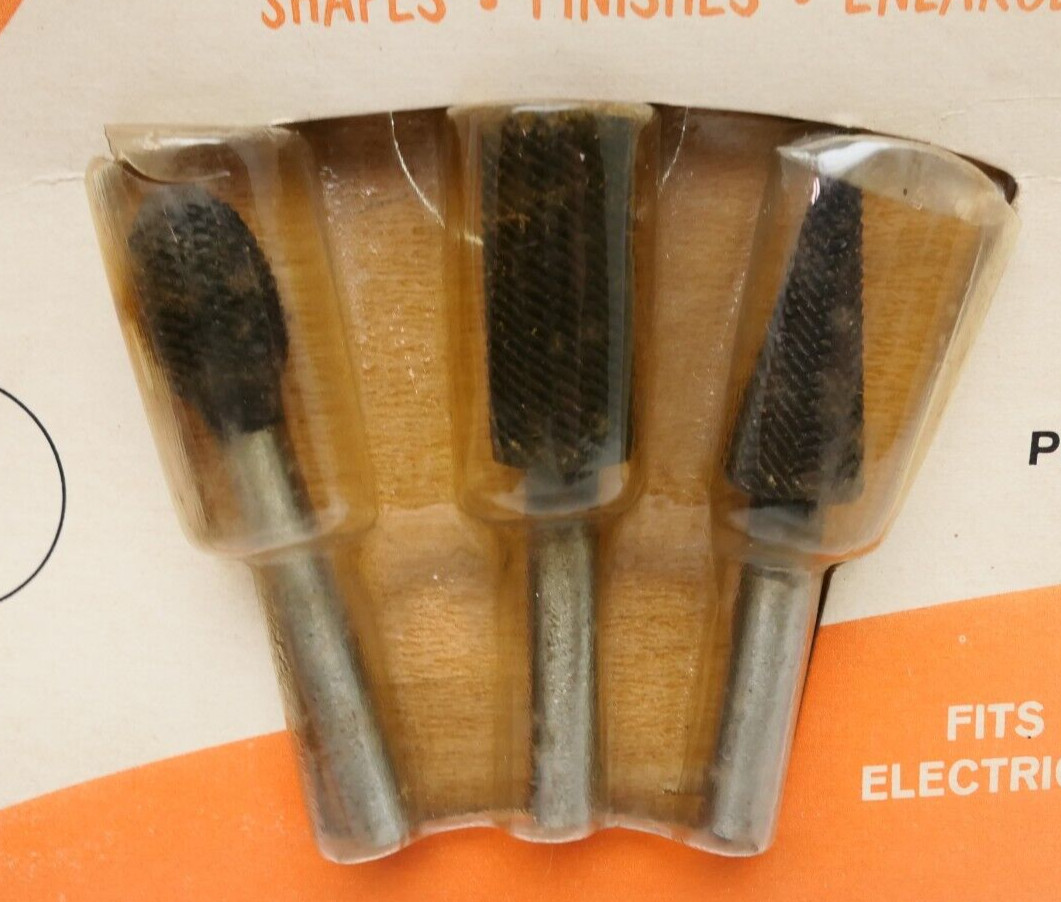 RARE Vtg ARCO 3pk Rotary Files for Electric Drills No.309 Shapes Finish Enlarges