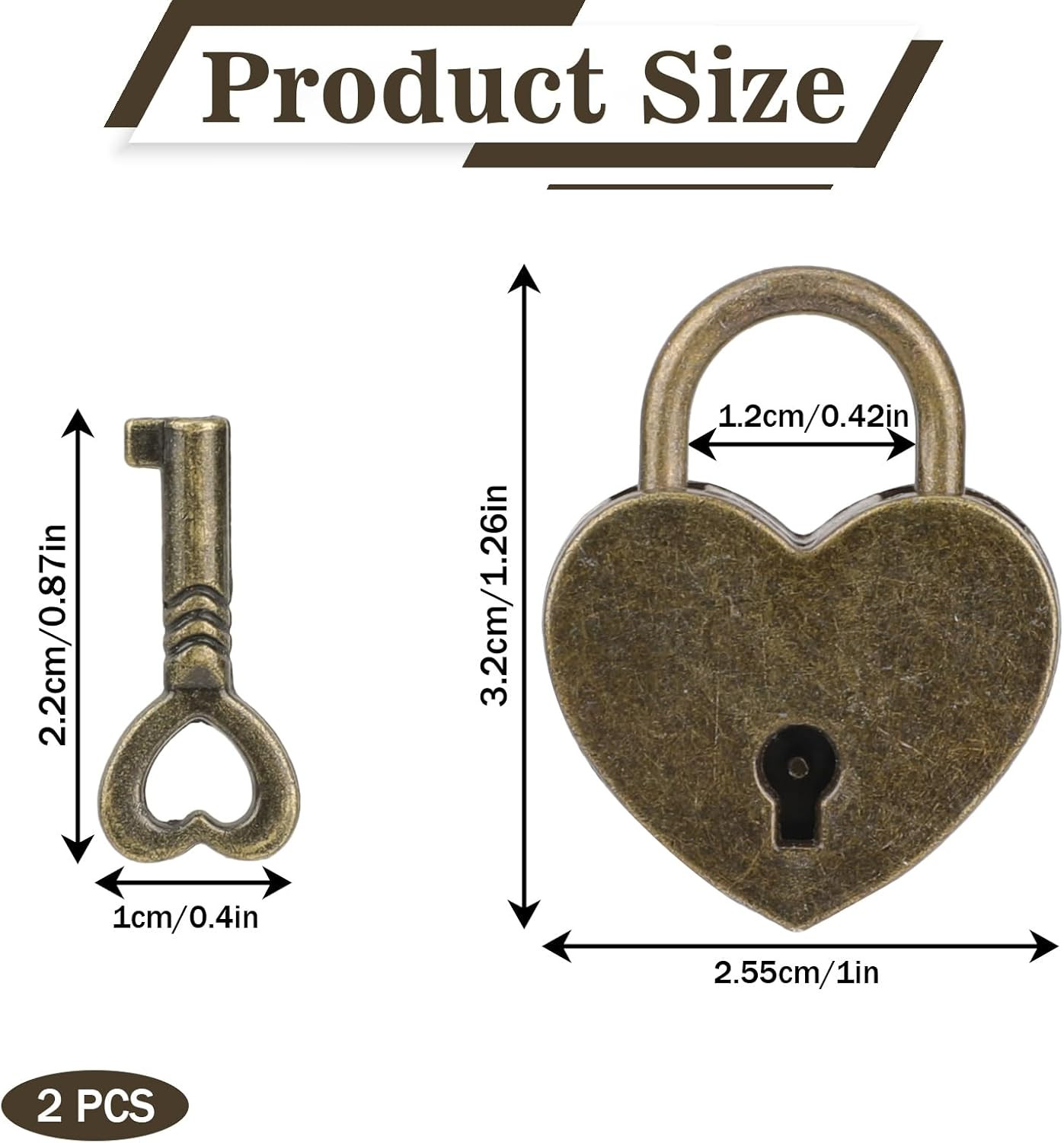 2Pack Mini Antique Bronze Heart Shaped Padlocks with Key, 2Pcs Locks & Keys, 3.2