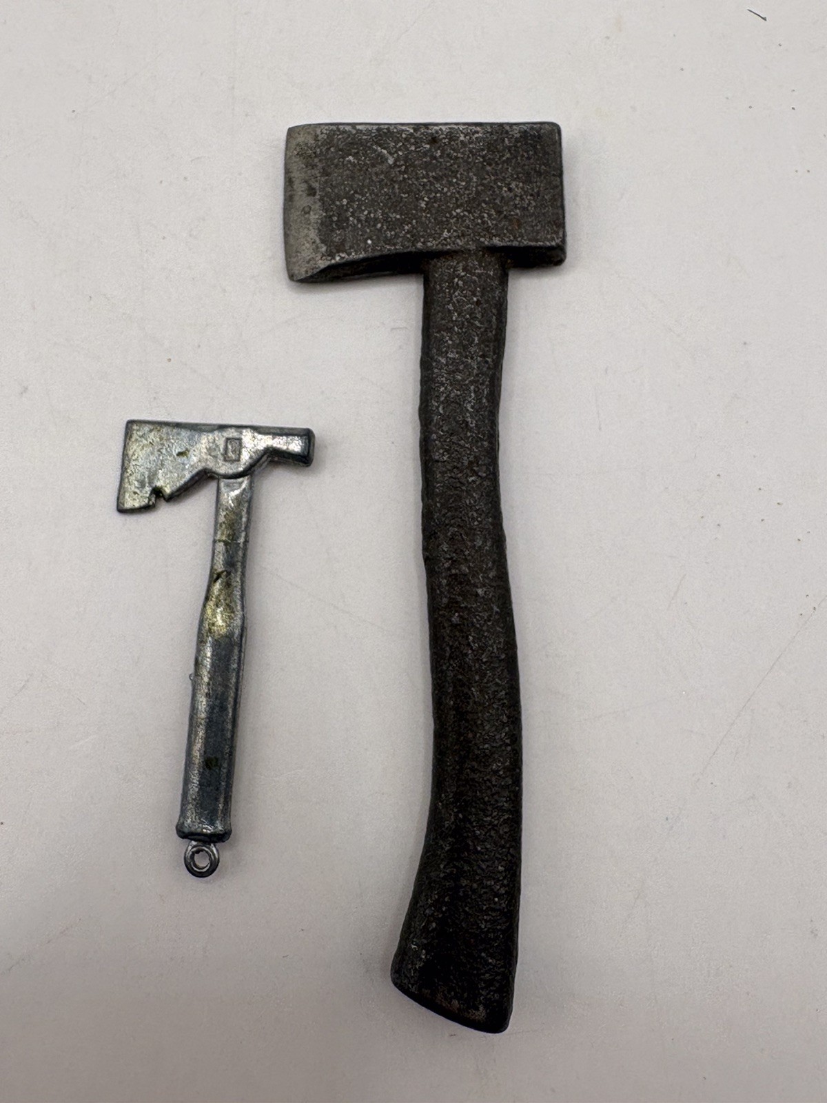 Lot (2) Vintage Metal Miniature Ax Tomahawk Hatchet 1 1/4” & 2 3/4” Mini Charm