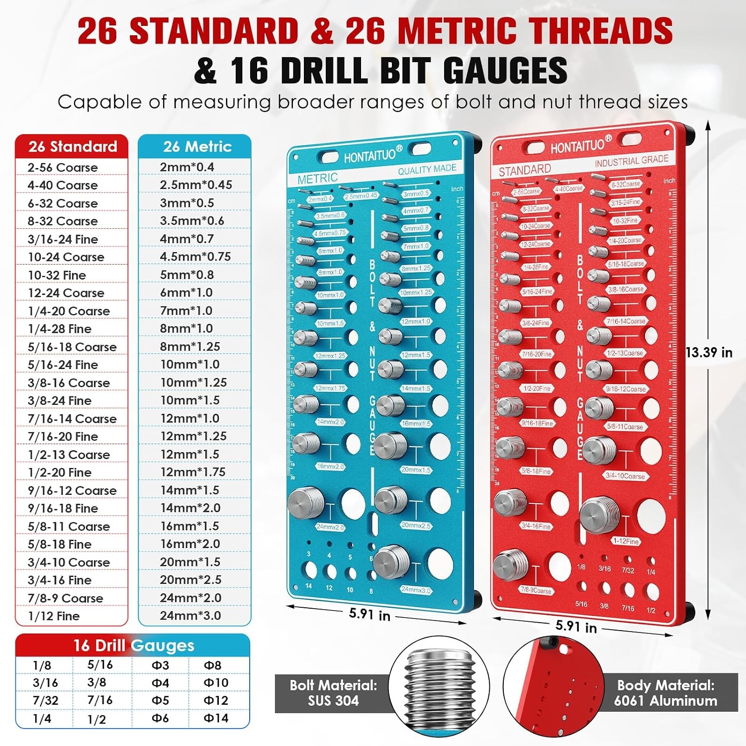68 Nut & Bolt Thread Checker, Standard/Metric, 26+26 Bolt & 16 Drill Gauge