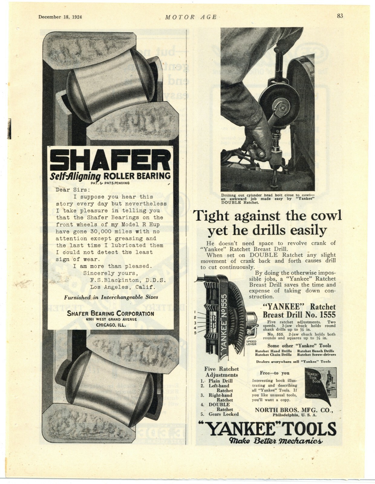 1924 North Brothers Mfg. Co. Ad: Yankee Tools Ratchet Breast Drill No. 1555 Pic