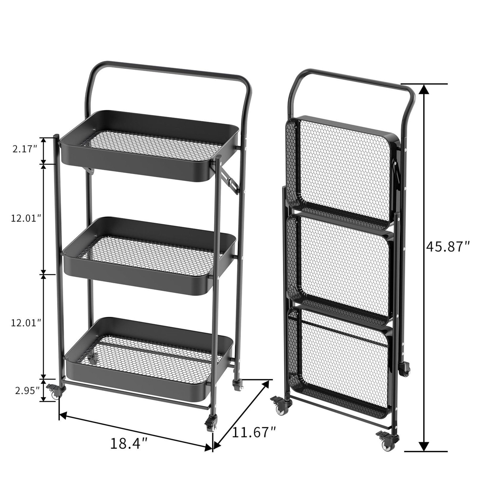 JAQ No Assembly Foldable Rolling Cart, 3 Tier Black Metal Folding Utility Car…