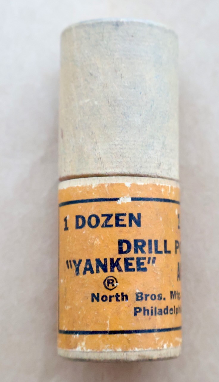 (3) North Bros. “YANKEE” 1/8” Automatic Drill Points + Wooden Storage Tube