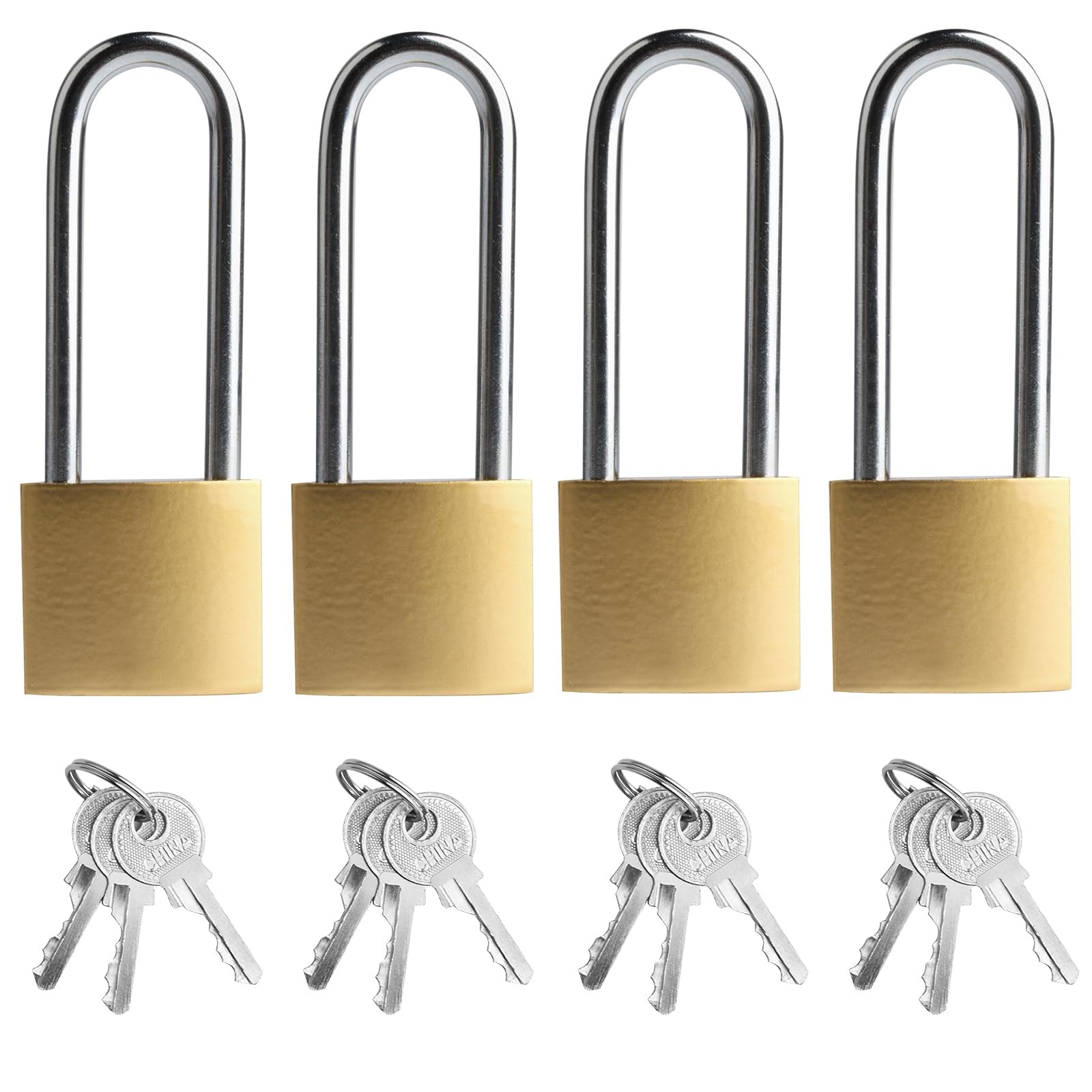 4 PCS Long Keyed Padlock Waterproof Solid Brass Lock, Padlock with Keys, 3.4 Inc