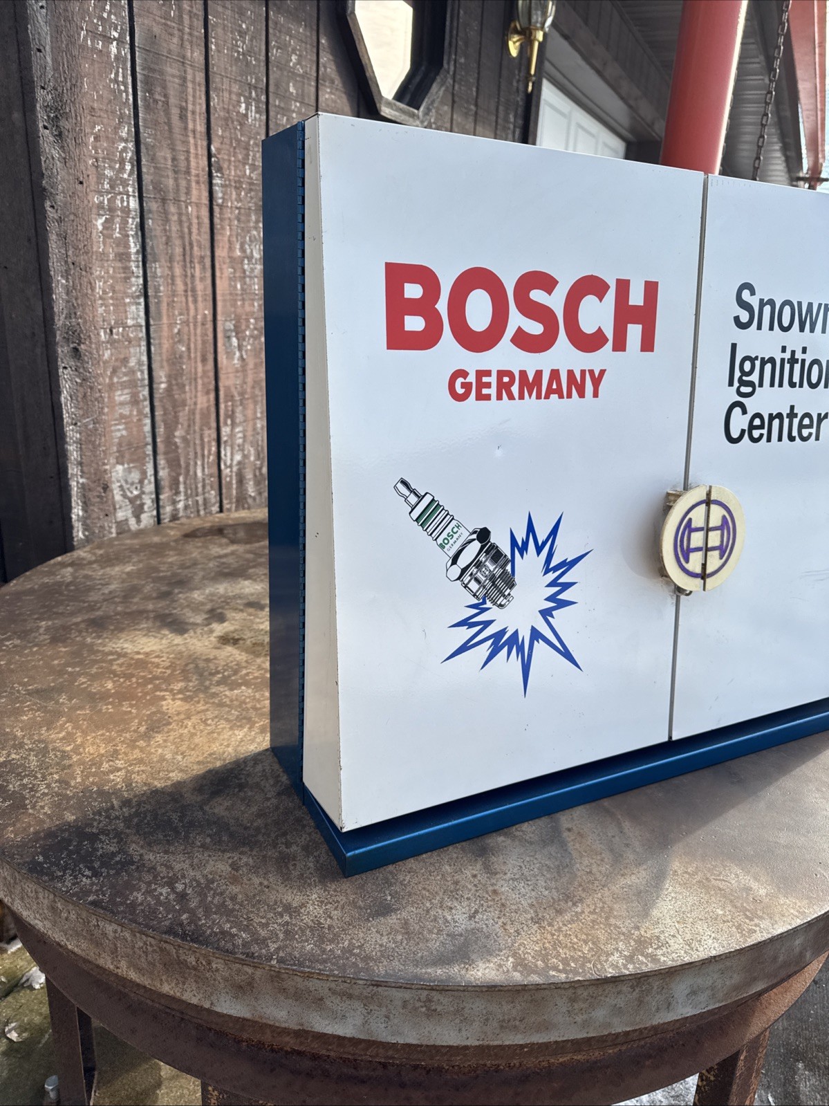 Vintage Bosch Germany Metal “Snowmobile Ignition Parts Center” Cabinet, 30″ x 24