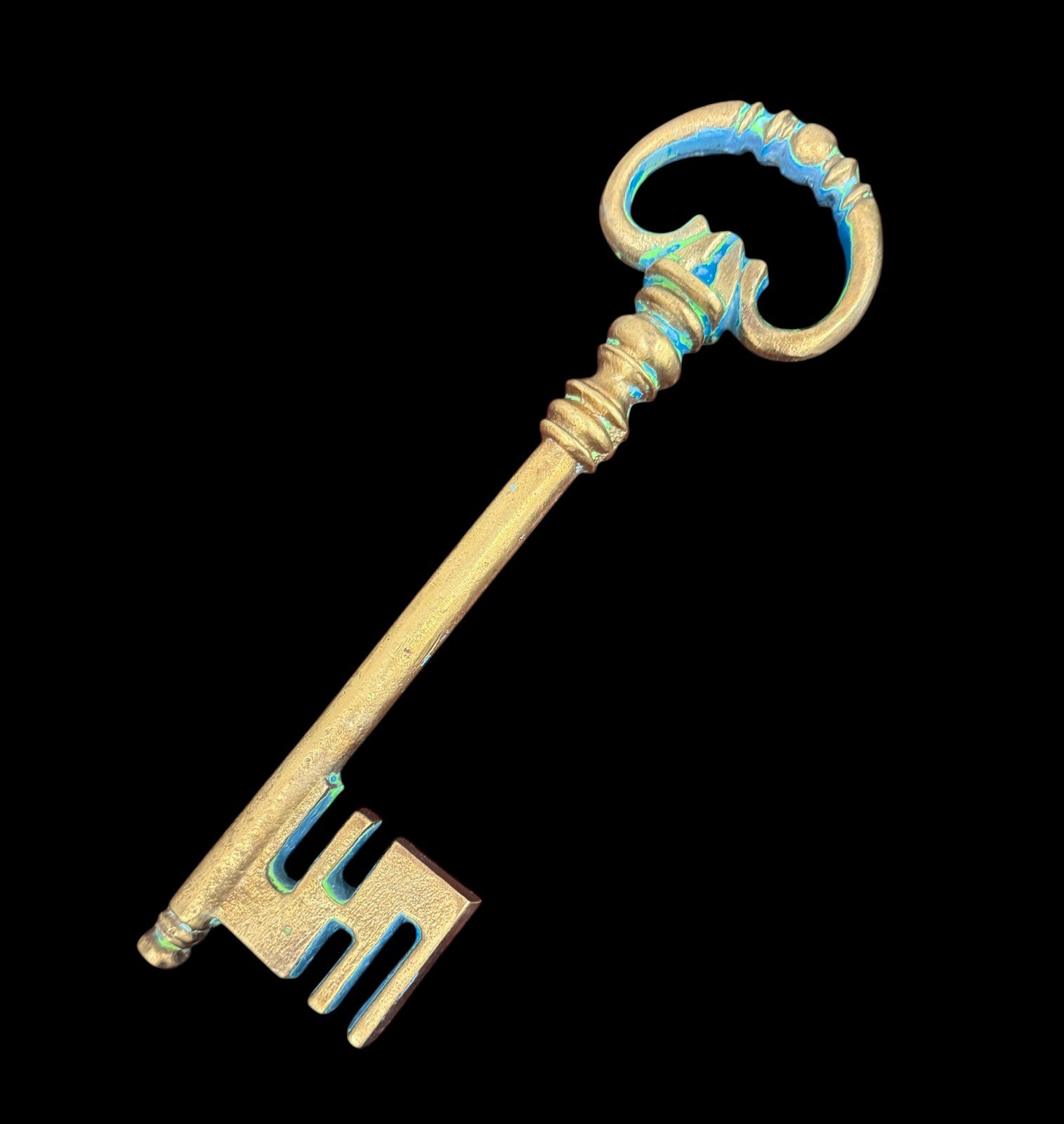 Vintage Large Decorative Brass Skeleton Key Ornate Cast Brass Wall Decor 9.25”