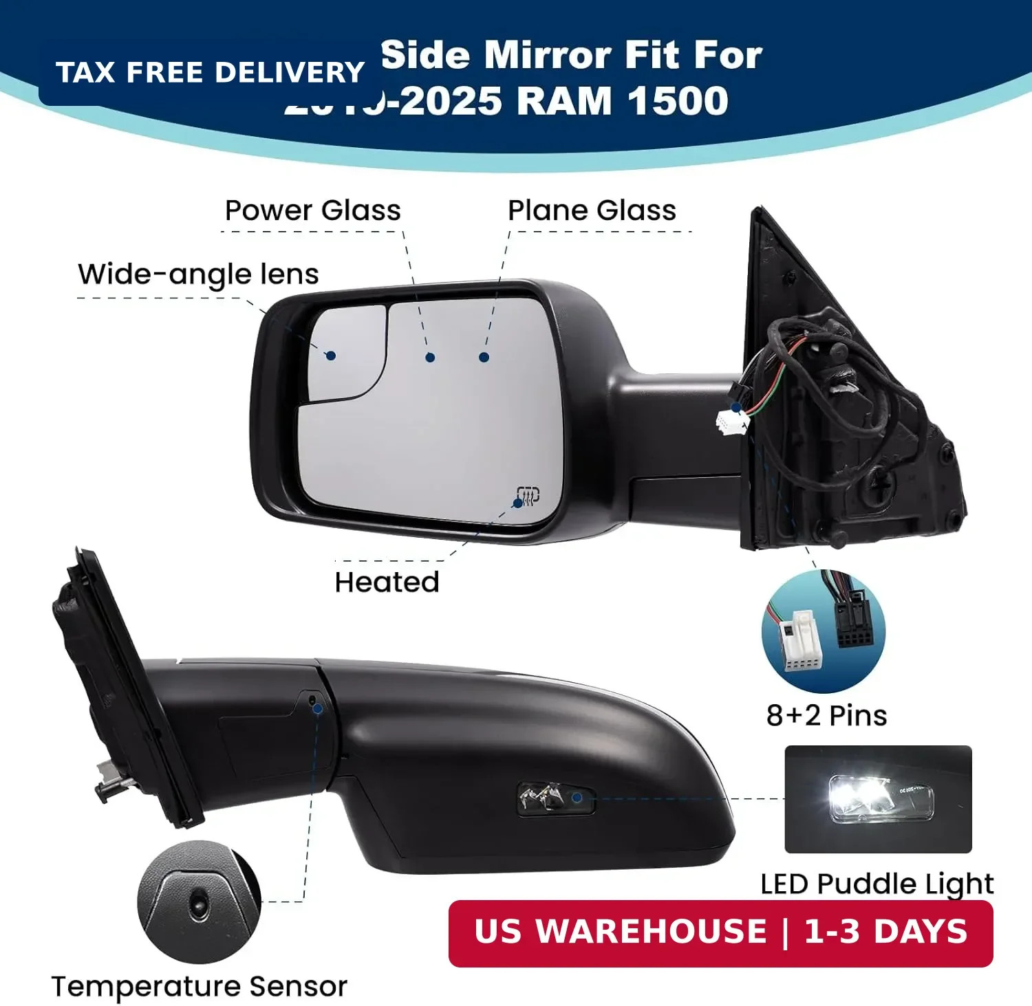 Left Driver Side Mirror for 2019-2025 Ram 1500 with Manual Folding/Heated/Power