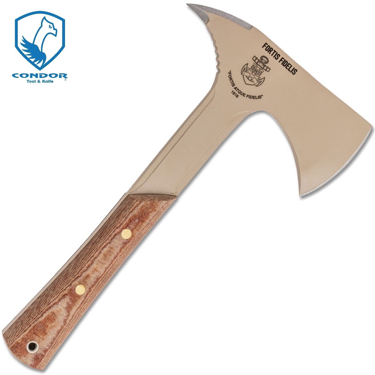 Condor Fortis Fidelis Axe 1075 Carbon Steel Blade Micarta Handles Kydex Sheath