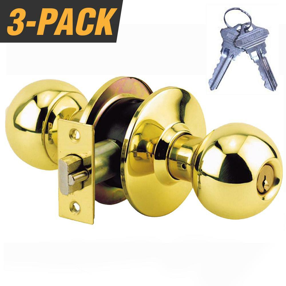 Lot of 3 – Grade 3 – Entry Door Ball Knob Keyed Alike Brass + 6 Keys GR3BC