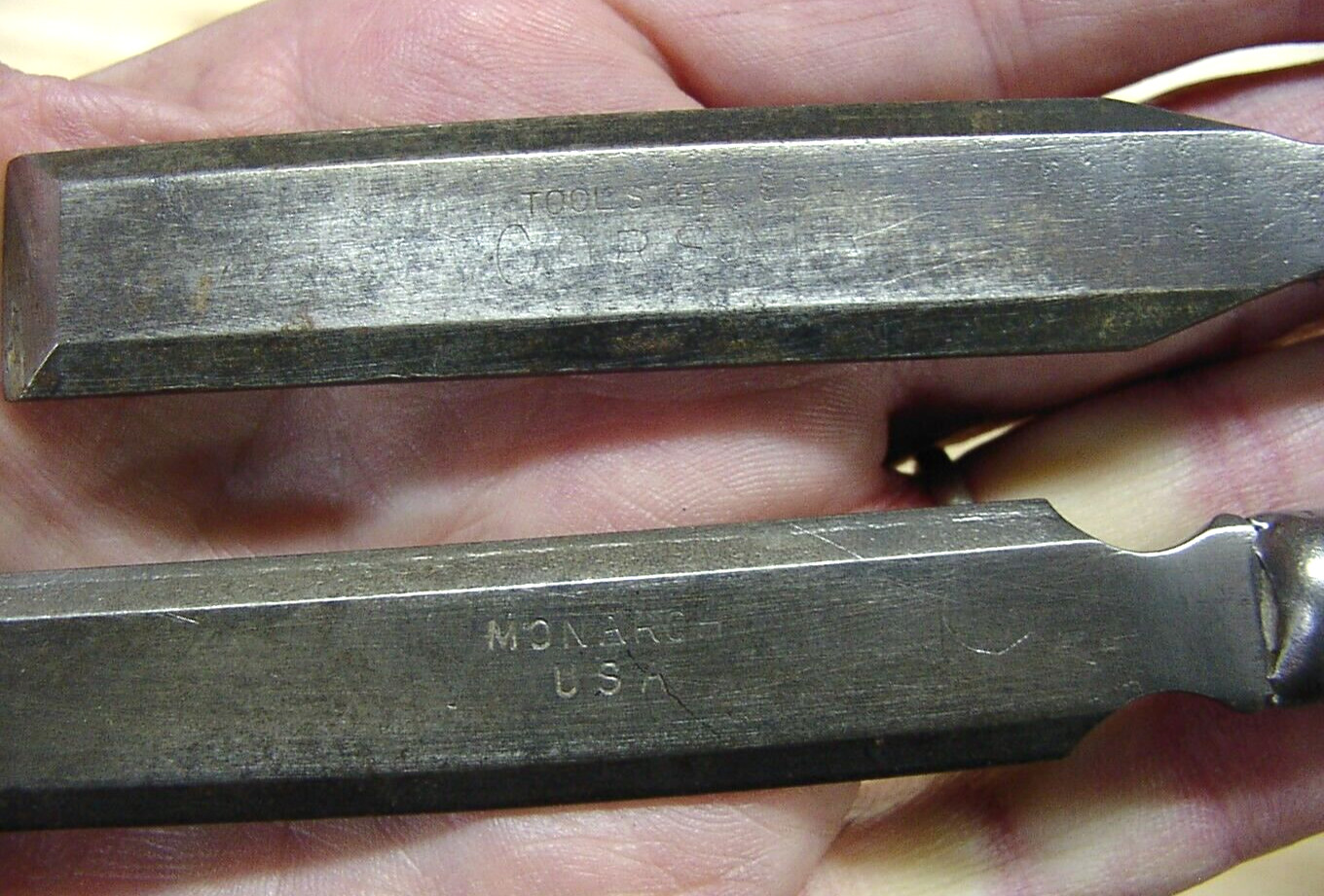 6 Vntg Wood Handle Tang Chisels,Incl {5} Bevel Edge,Eversharp,Monarch,Corsair,VG