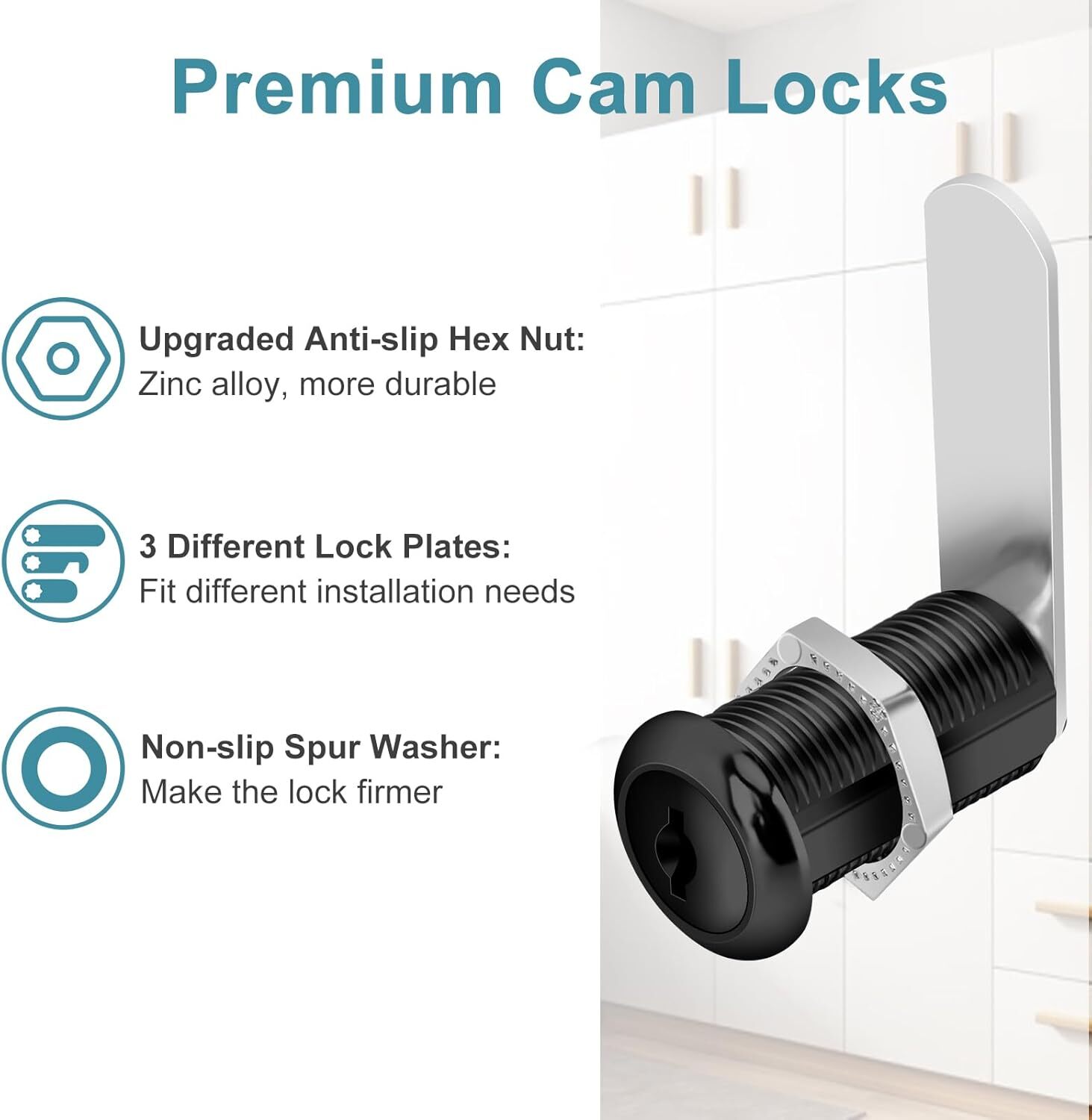 Pertinel 1-1/2 Inch 5Pcs Cabinet Cam Lock Keyed Alike Black Cabinet Locks Secure