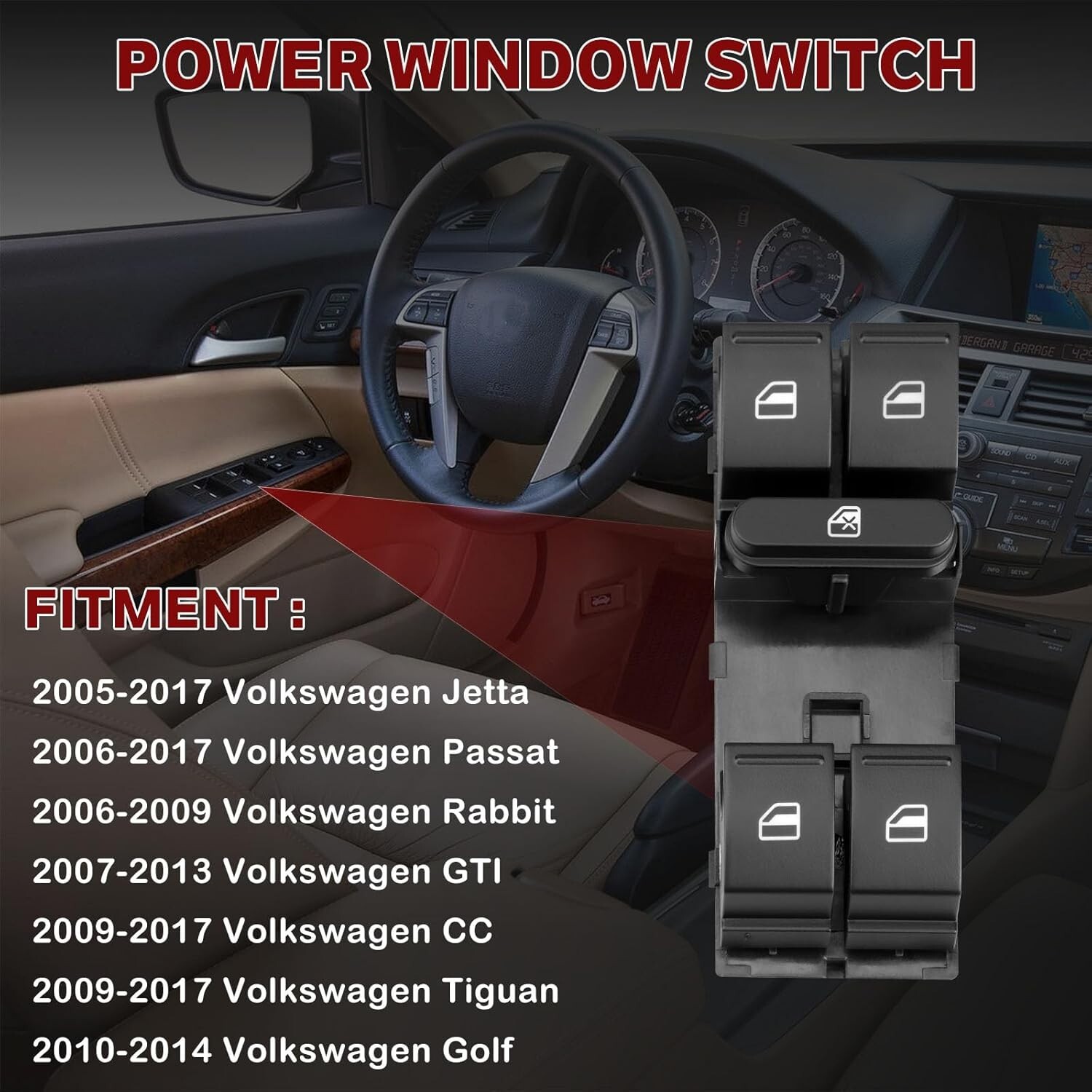 Master Power Window Switch Compatible with 05-2016 VW Jetta, 10-2014 Golf, 06-20