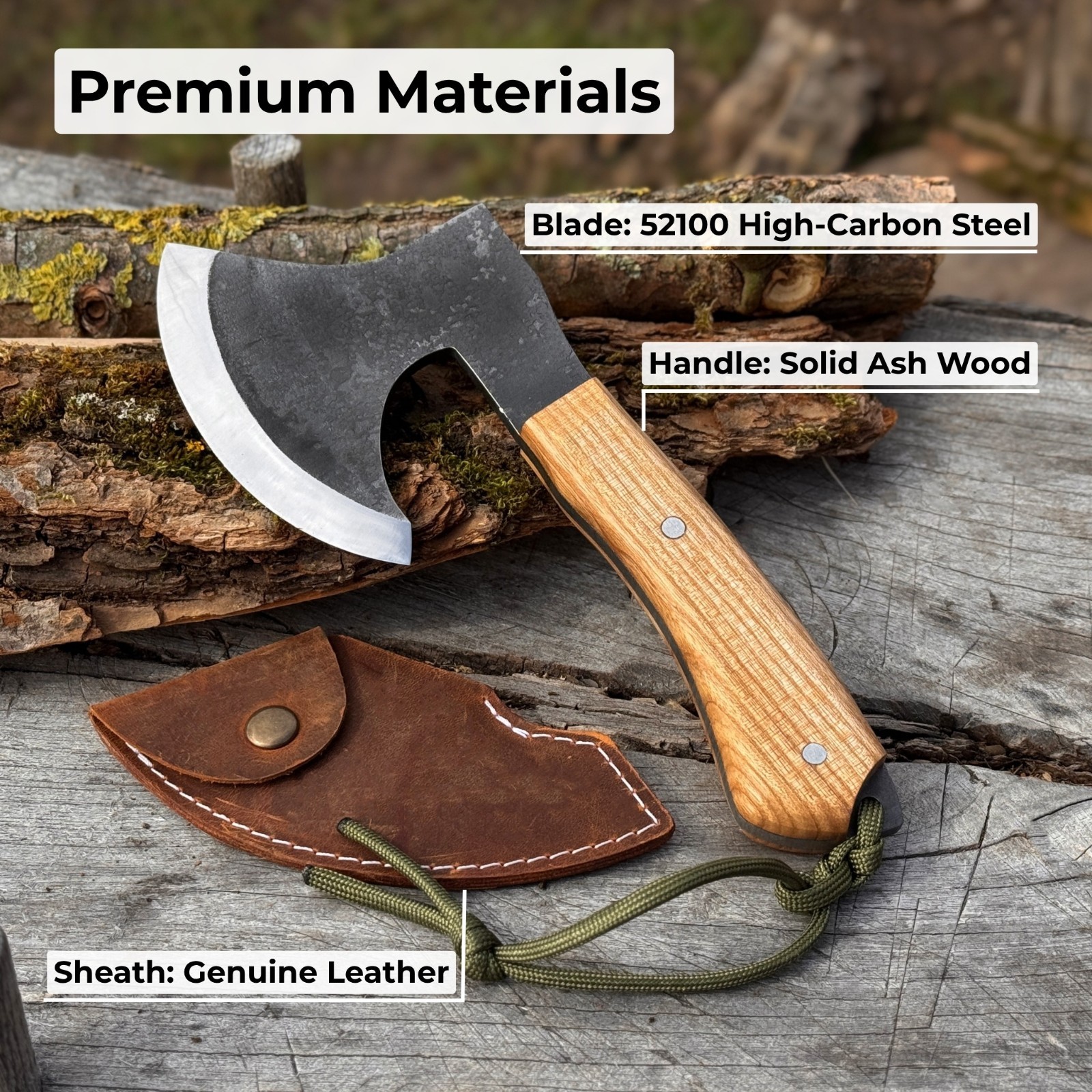 Survival Bushcraft Axe 52100 Carbon Steel Hatchet with Leather Sheath Sharky