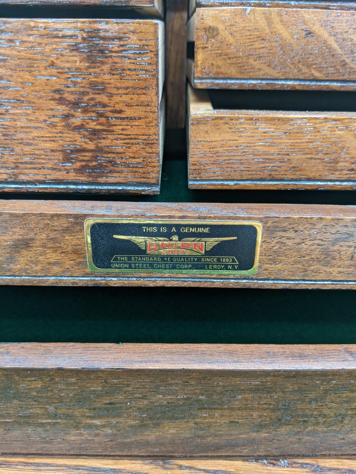 Antique Union Model B-20 7 Drawer Wooden Oak Toolbox Chest With Key