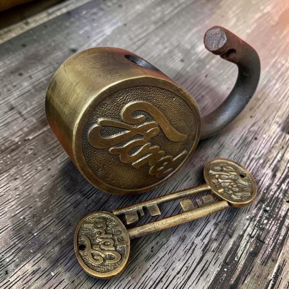 Ford Logo Cast Iron Lock With Raised Lettering Antique Finish (3.5″ x 3″)