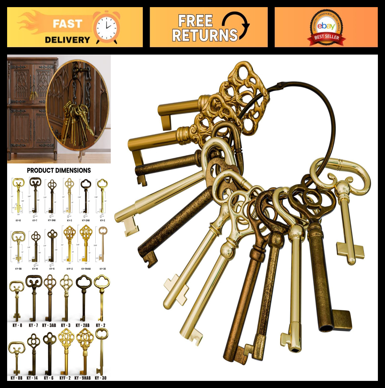 Antique Skeleton Key Set for Furniture – Vintage Reproduction Keys for Cabinets