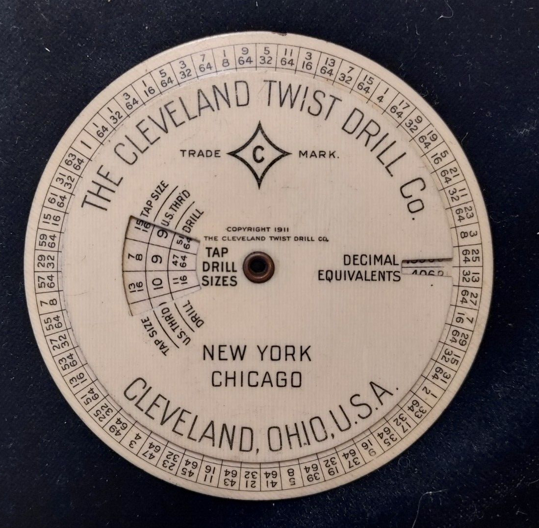 1911 Celluloid Info Wheel Cleveland Twist Drill Co Tap Drill Sizes Drill Speeds