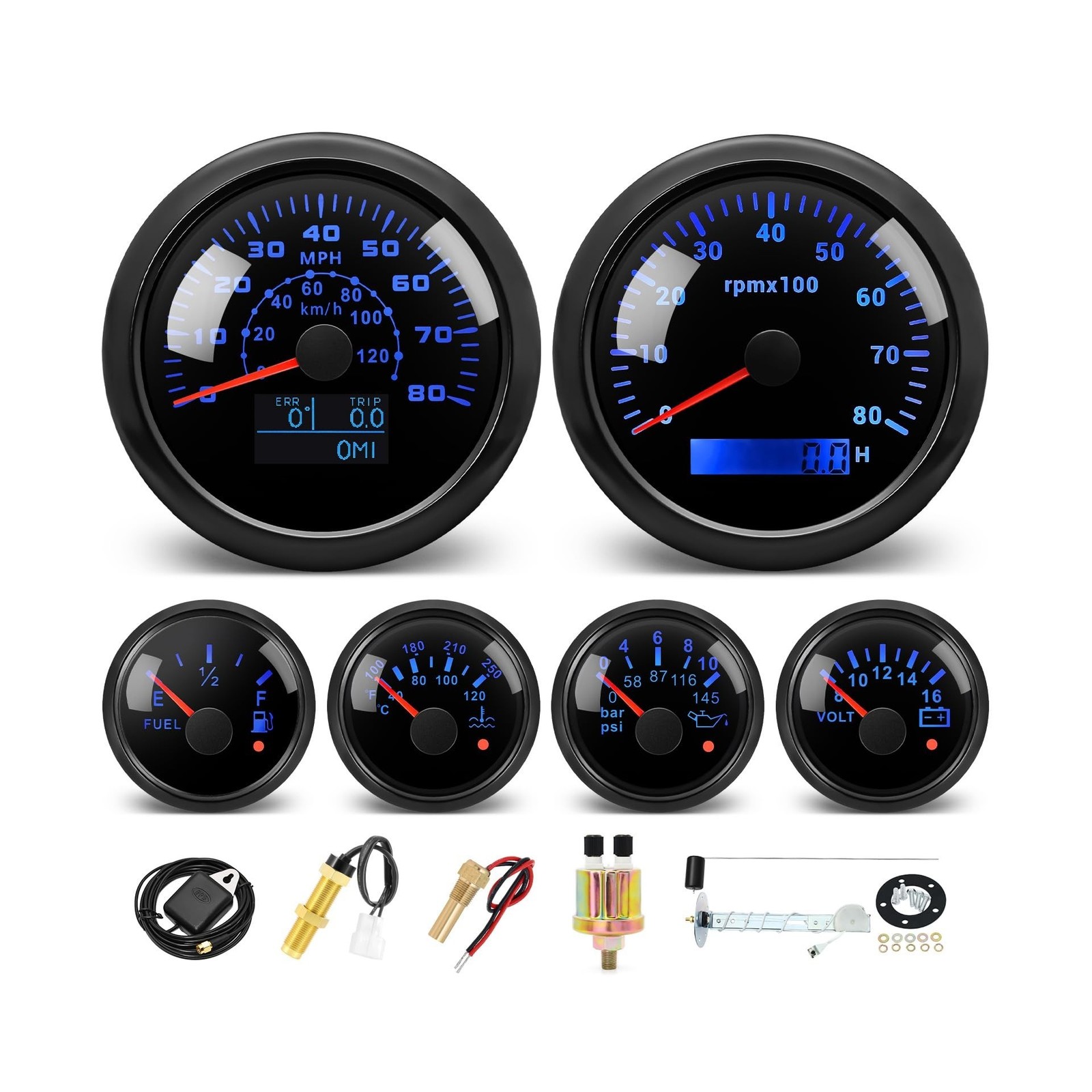 MH 6 AUTO Boat Gauge Set – 3-3/8″ 80MPH & 120KM GPS Speedometer, Tachometer, …