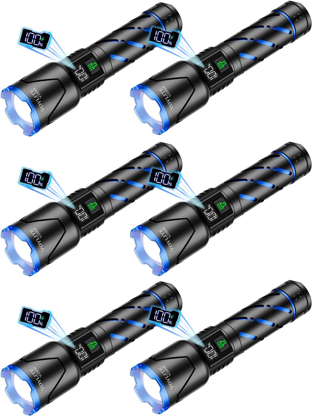 Voylite 6 Pack Rechargeable Flashlights High Lumens – 100000 LM, Black