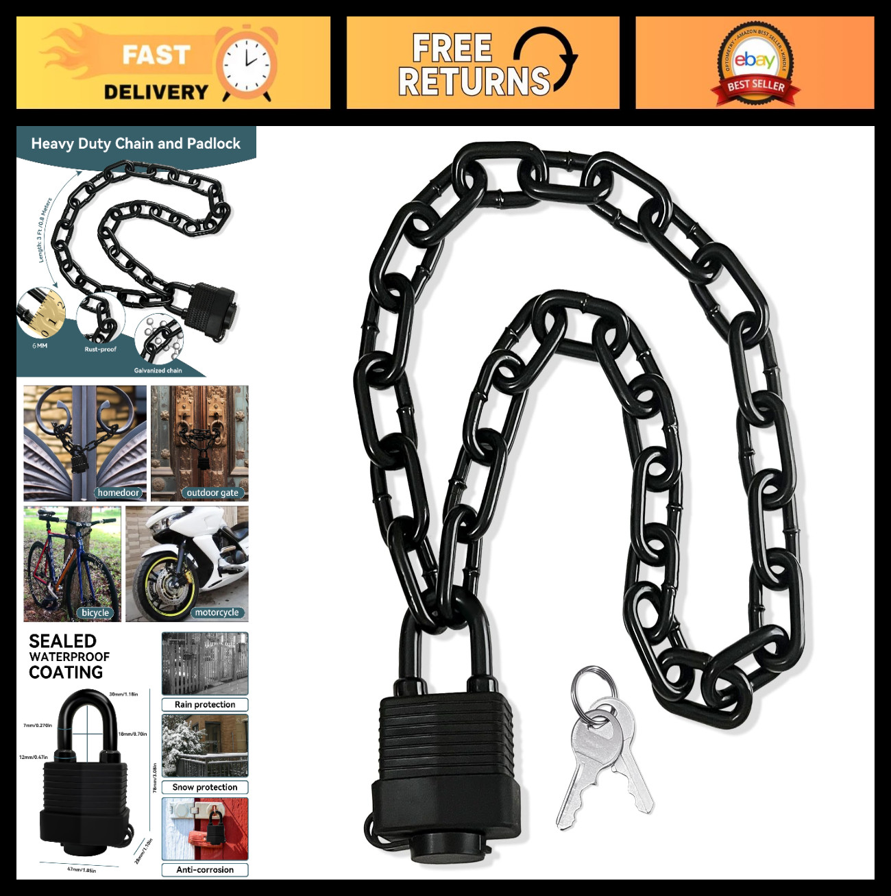 Heavy Duty Weather-Resistant Padlock & Chain – Anti-Theft Security Lock for Fenc