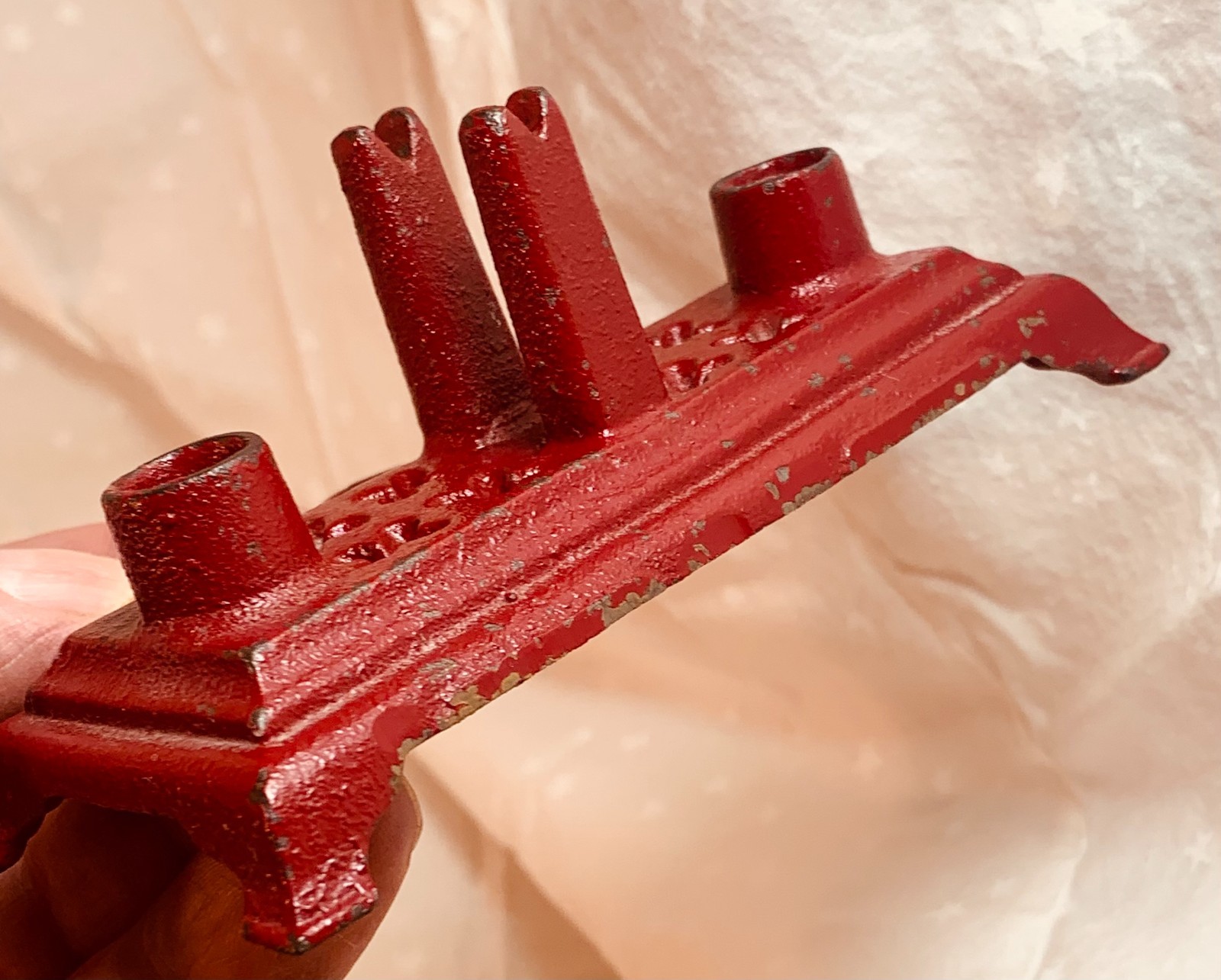 Vintage Miniature Red Cast Iron Kitchen Balance Scale W/ Weights