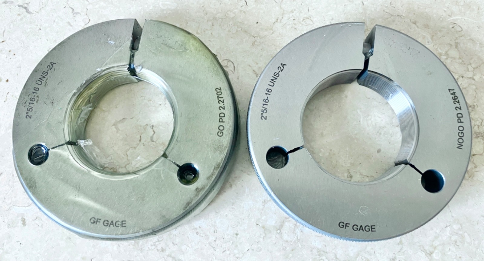 GF GAGE 2-5/16 16 UNS 2A THREAD RING GAGES 2.3125 GO NO GO = 2.2702 & 2.2647