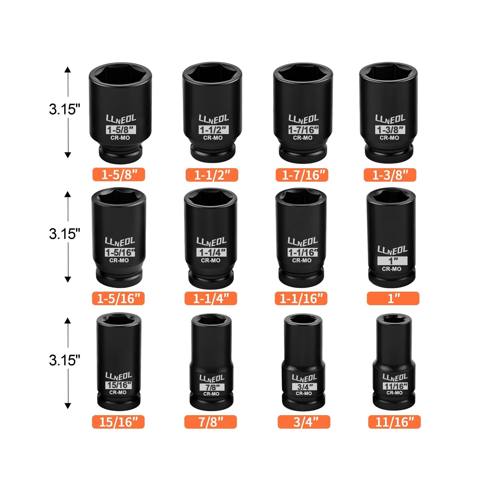 LLNEDL 3/4 Inch Drive Socket Set, 12Pcs Impact Deep/Jumbo Sockets, Standard S…