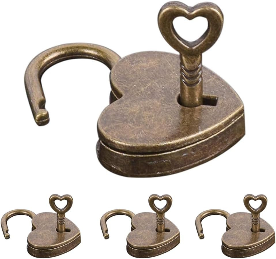 4 Pcs Lock Antique Brass Padlock with Key, Vintage Heart Shape Anti-Theft Mini P
