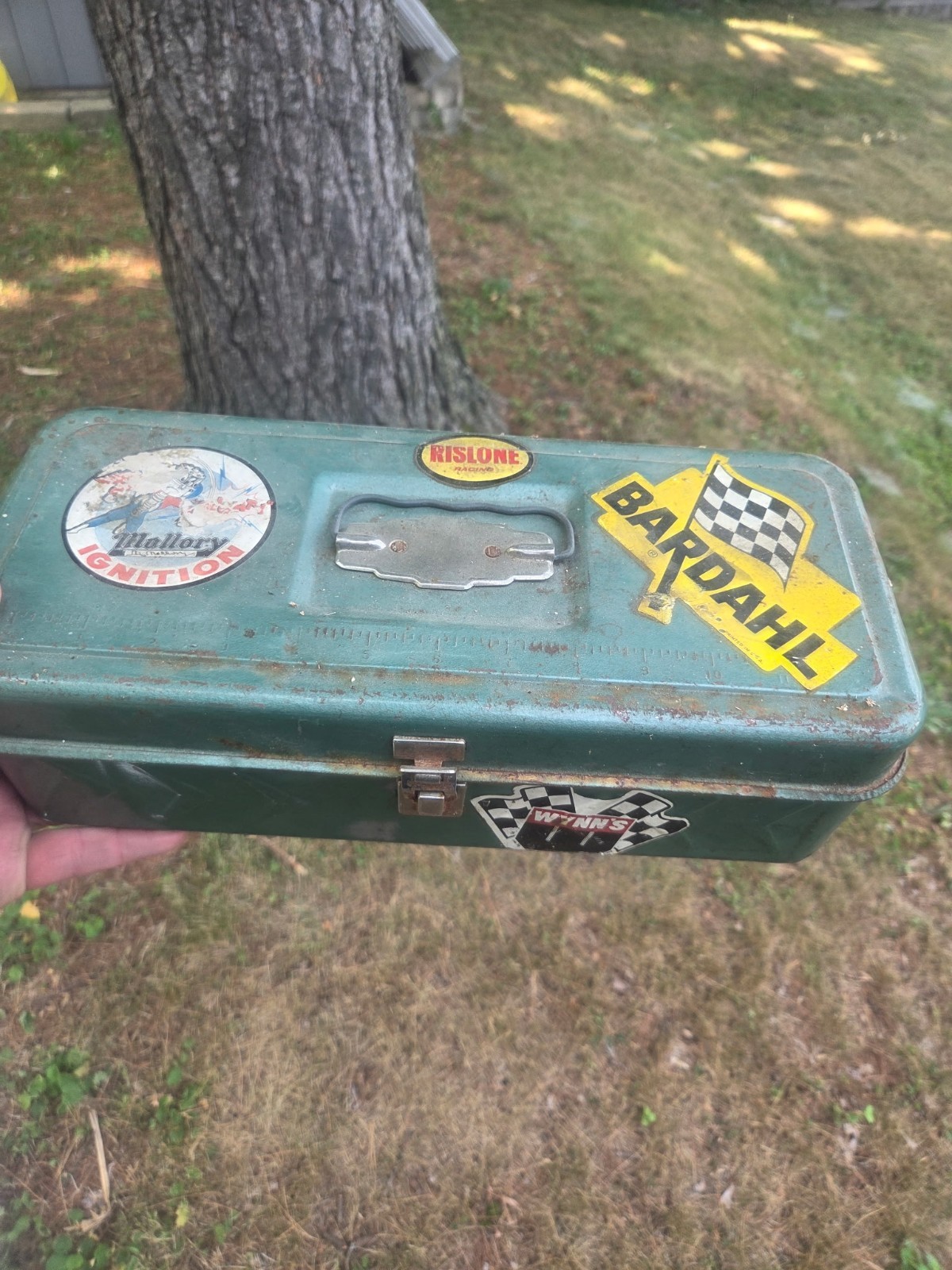 Vintage Green Metal Toolbox Chest Carry Case w/ Handle Latch Racing Decals