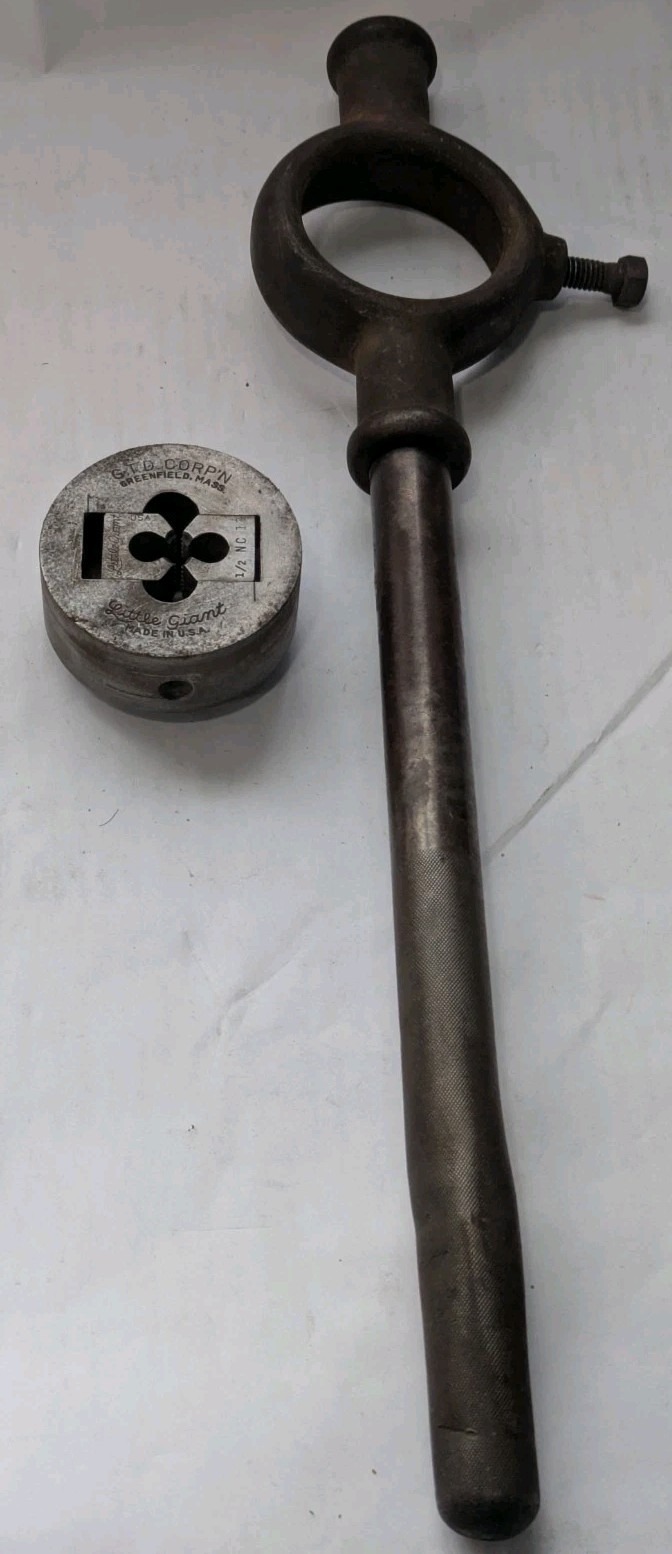 Vintage GTD Little Giant 1/2-13 NC Adjustable Die & Handle Stock Greenfield MA U