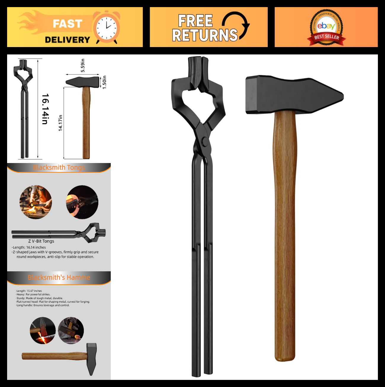 17″ Carbon Steel Blacksmith Tongs Set – 2-Piece Forging Tools for Craftsmen
