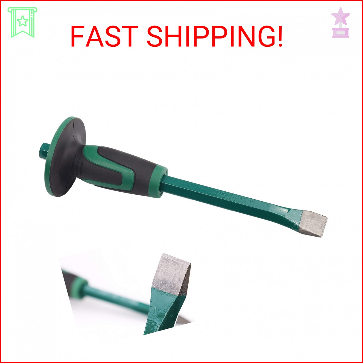 Mason Chisel With Hand Guard, 12 inches (30 cm) Heavy Duty Flat End Rock Concret