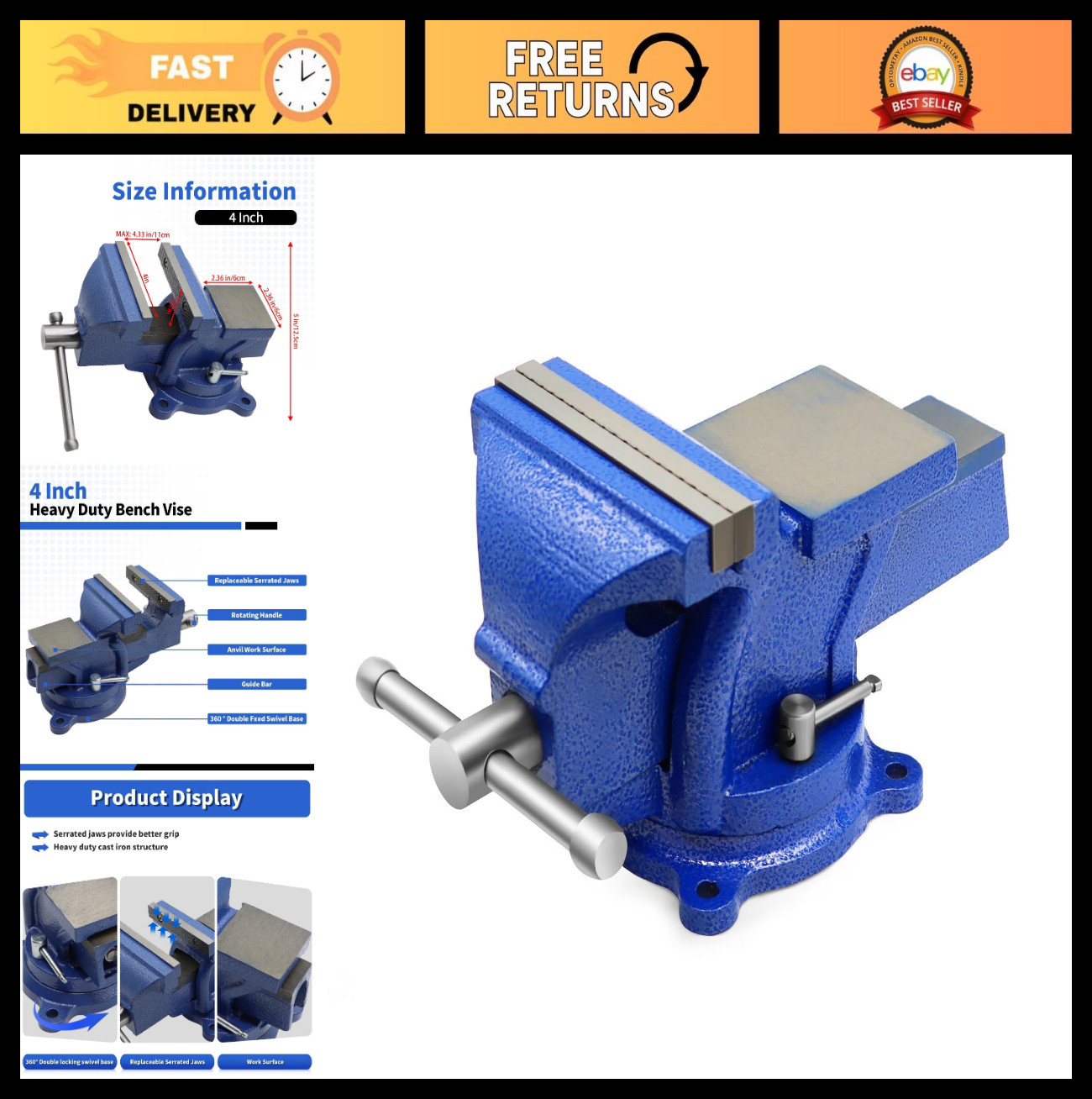 4″ Heavy Duty Bench Vise, Ductile Cast Iron, 360° Swivel Base, 11LB Capacity