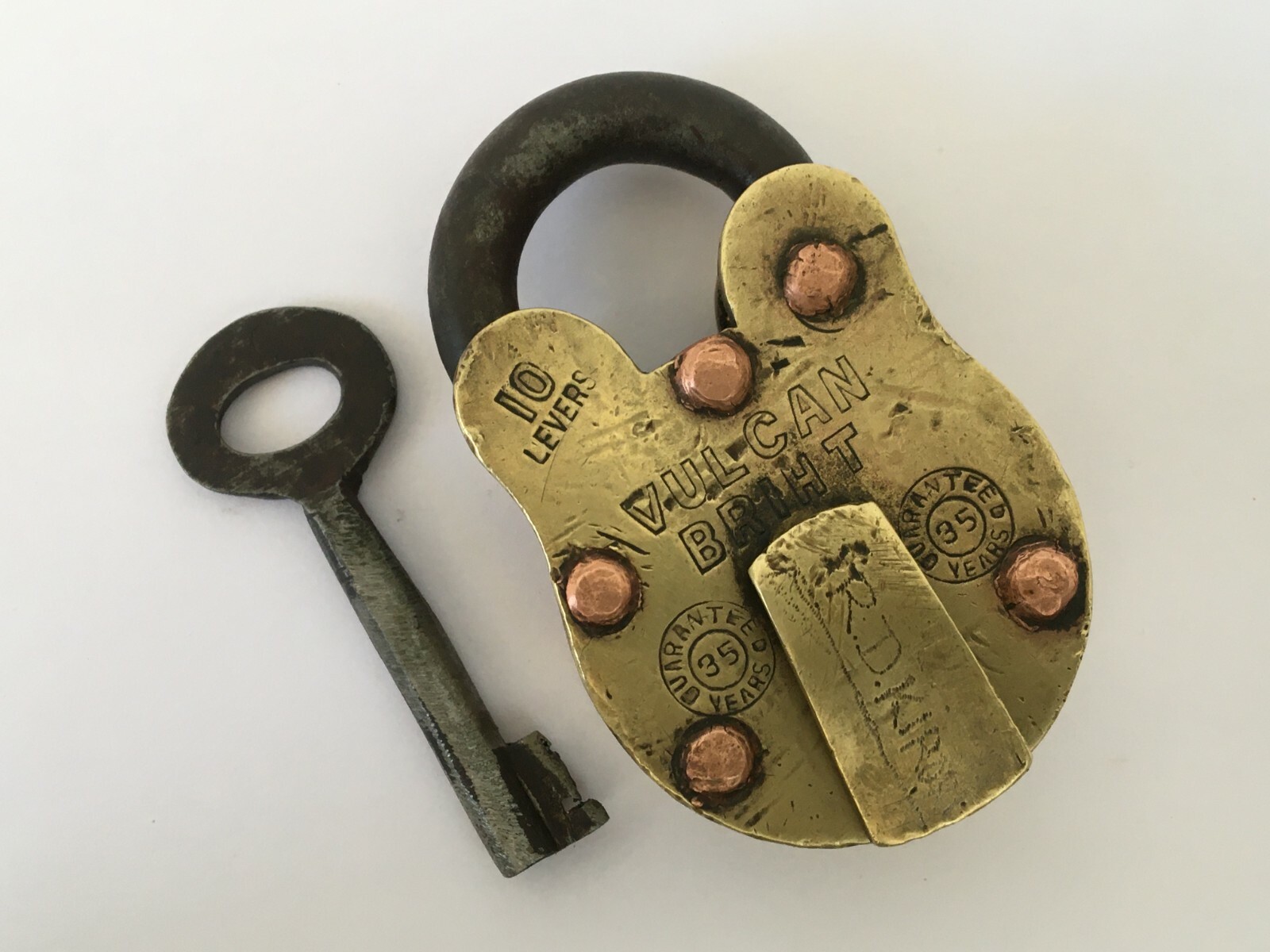 1930s Old Brass Padlock Vintage Unique Shape 10 Levers vulcan Bright Collectible