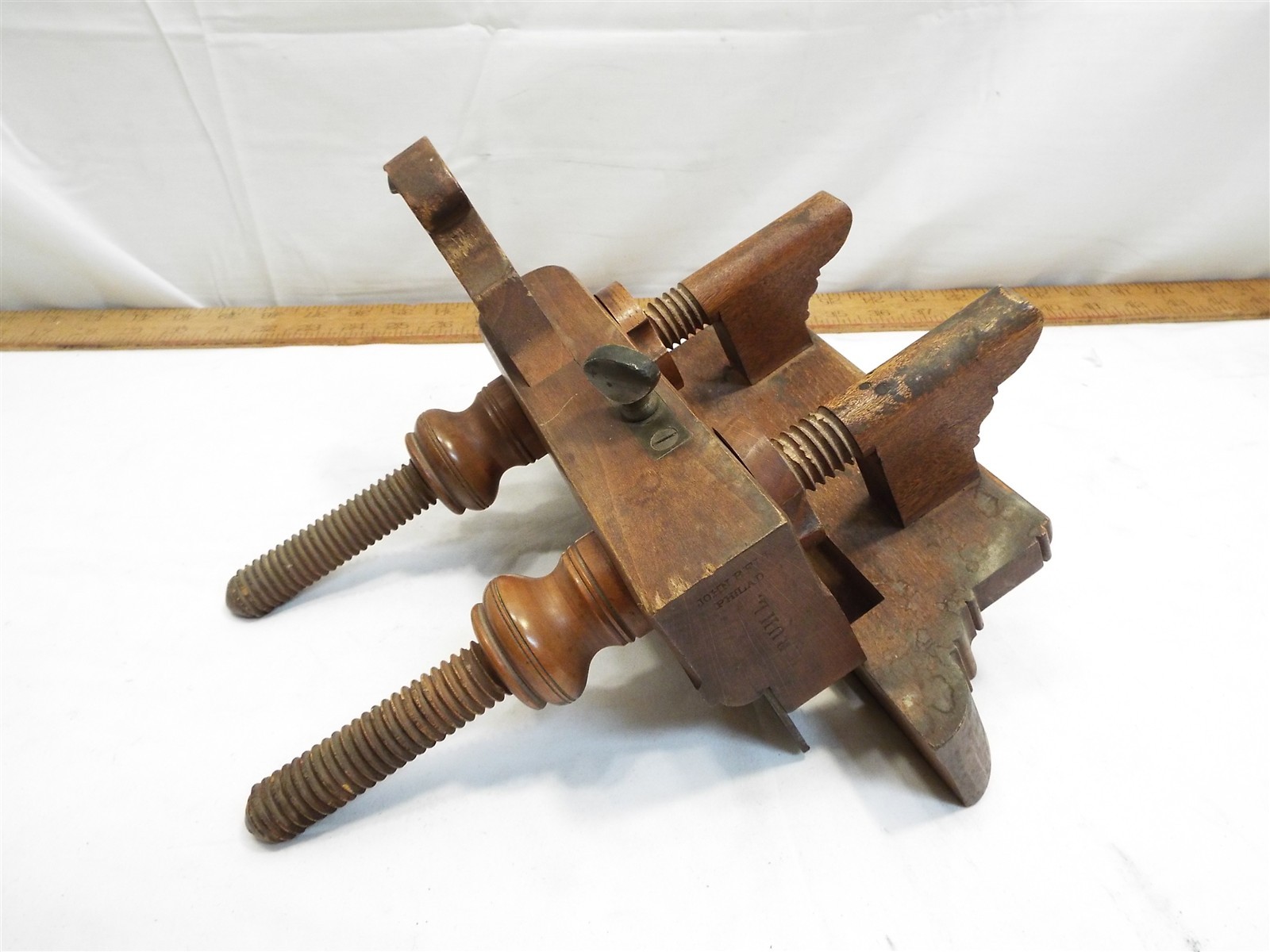 John Bell Phila Wooden Screw Arm Plow Plane Wood Working Tool Butcher Iron