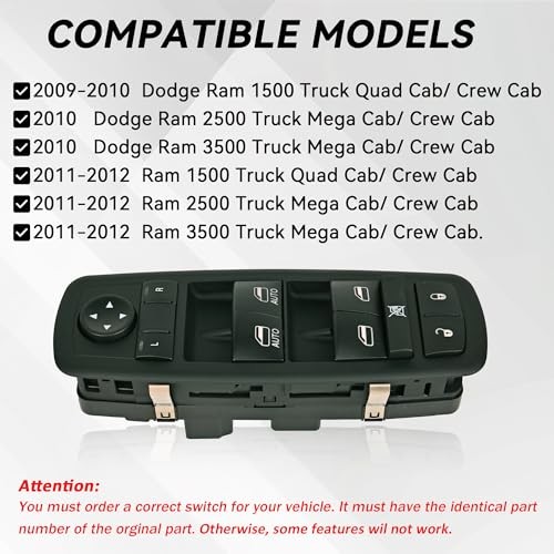 Driver Side Master Power Window Switch 9 Pins + 3Pins Compatible with 2009