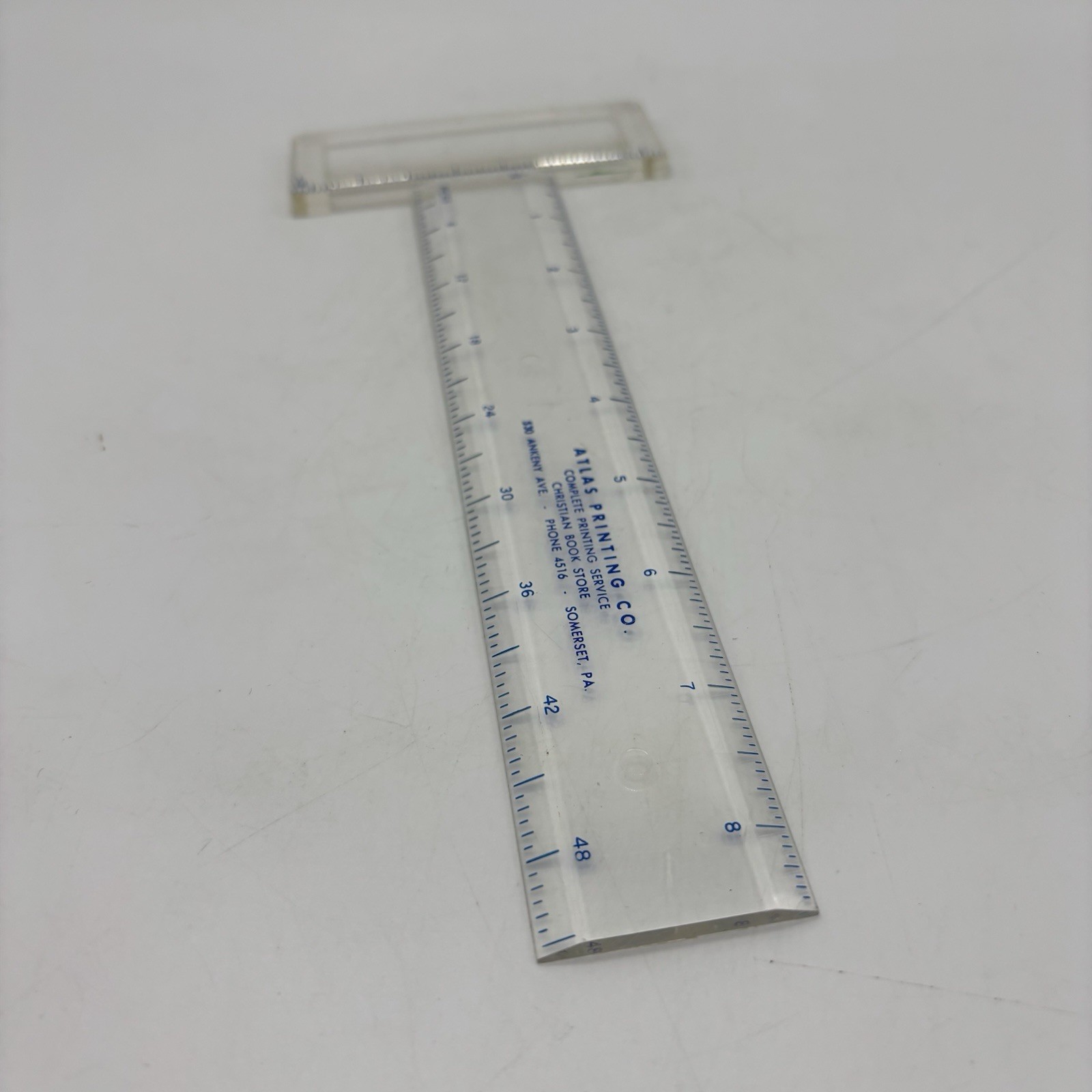 Atlas Printing Co Christian Bookstore 8” T-Square Ruler Ad 1950s Somerset PA Vtg