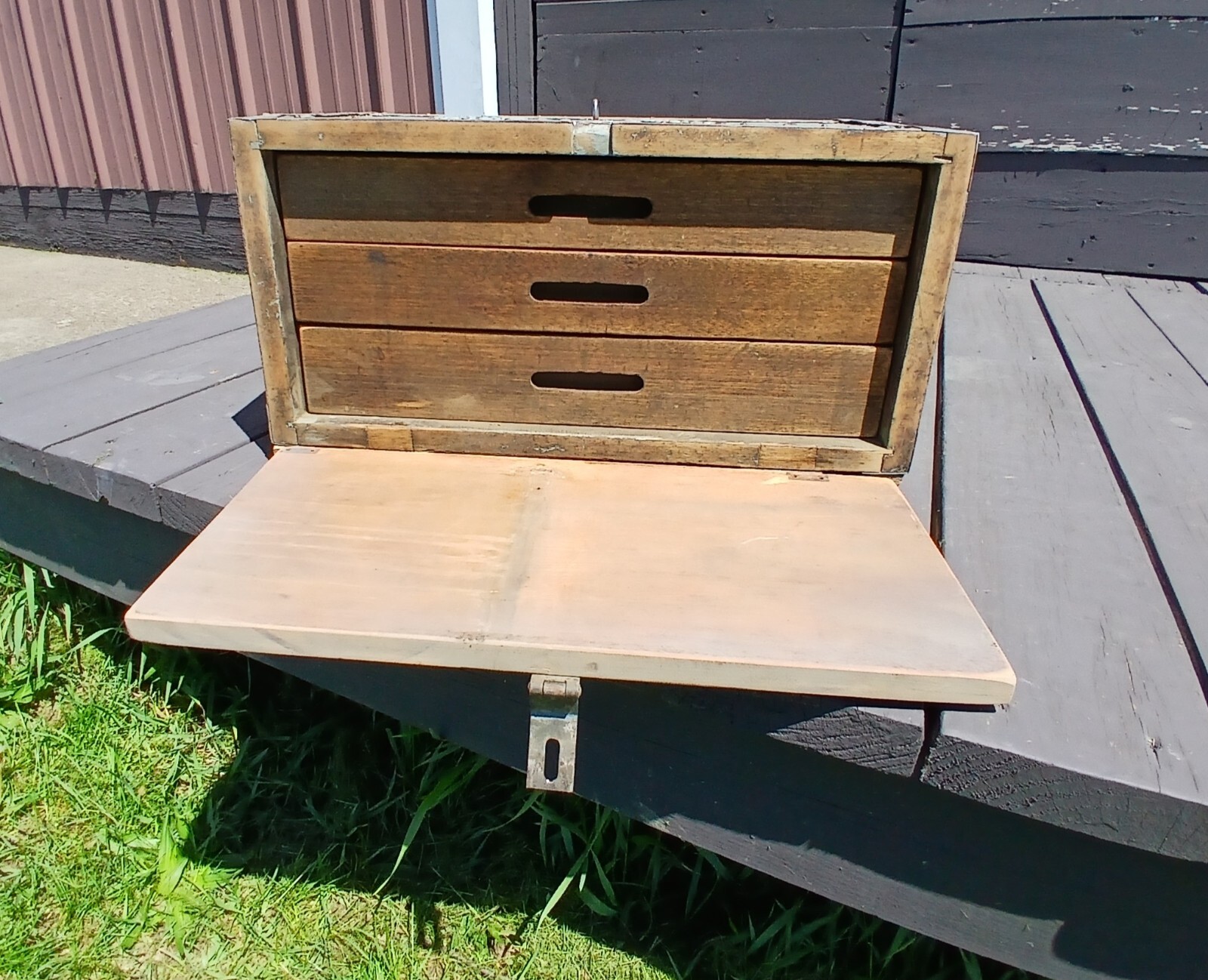 Antique Primitive Folk Art Gray Wooden Machinist Tool Box 1930s