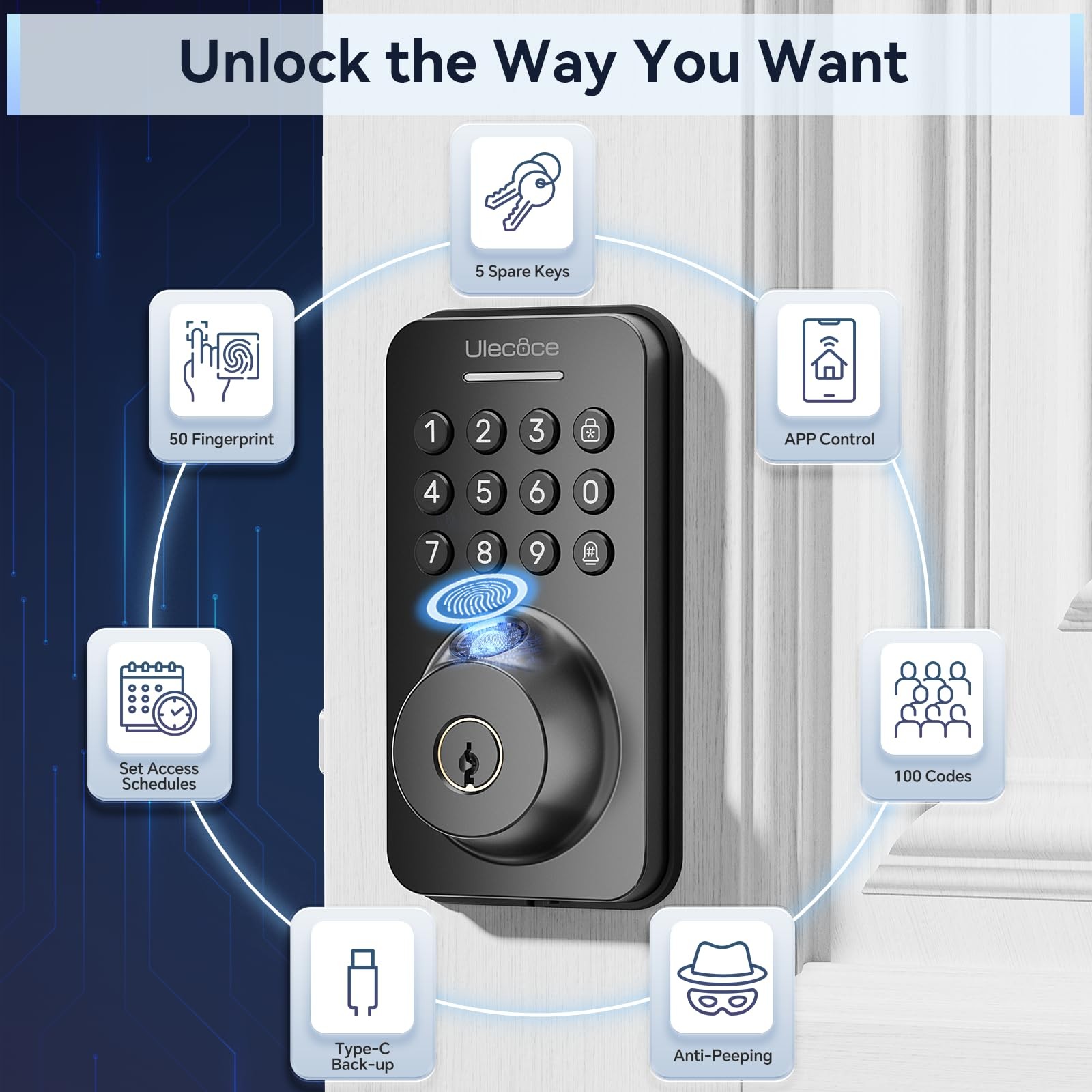 Ulecoce Fingerprint Keypad Deadbolt with Knob Set, Keyless Entry /, Black