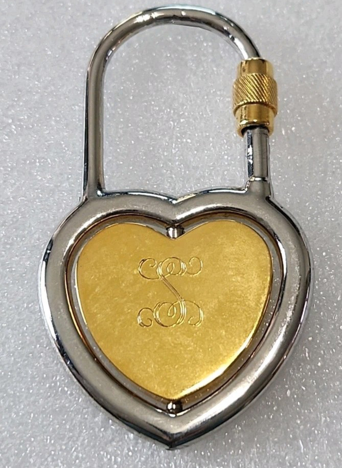 HEART goldtone /silvertone heart shaped padlock inner rotating “S” engraved