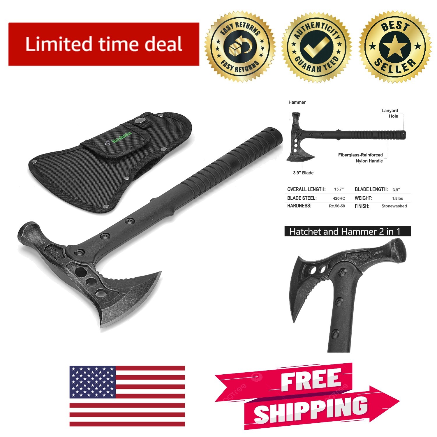Tactical Camping Axe & Survival Hatchet with Durable Nylon Sheath – 1.8 lbs